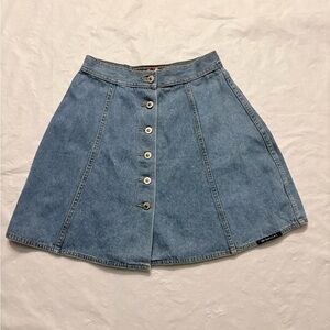VTG 90s No Excuses Femme Fatale 9/10 Denim Mini Circle Skirt Skater Button Front